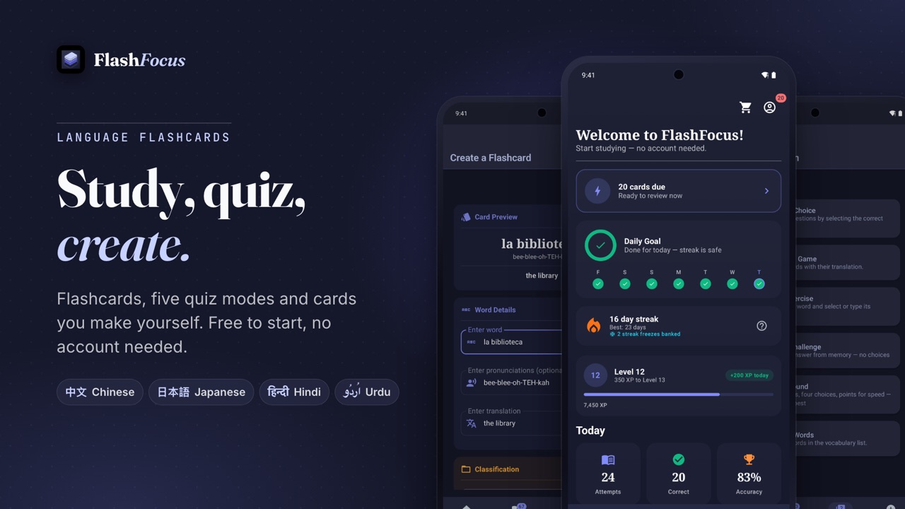 FlashFocus home: cards due, daily goal, streak and level, with the quiz menu and card creator behind it.