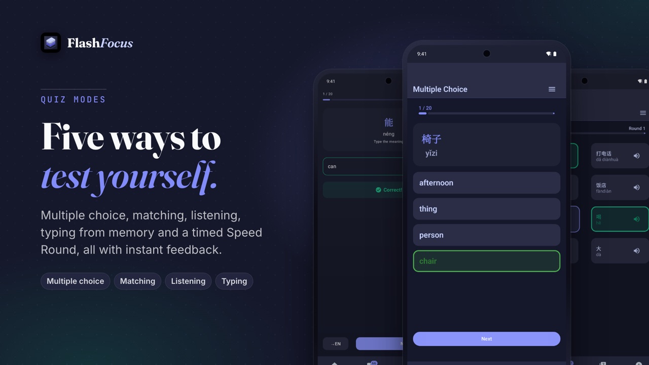 Multiple choice, typing and matching quizzes with instant feedback.