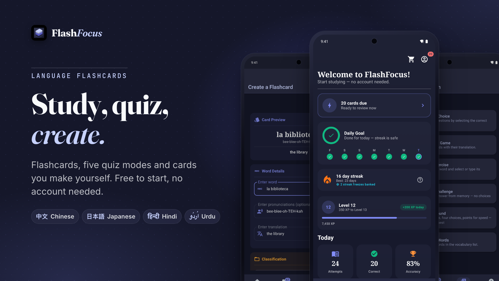 Study, quiz, create: the FlashFocus home screen with cards due, daily goal, streak and level
