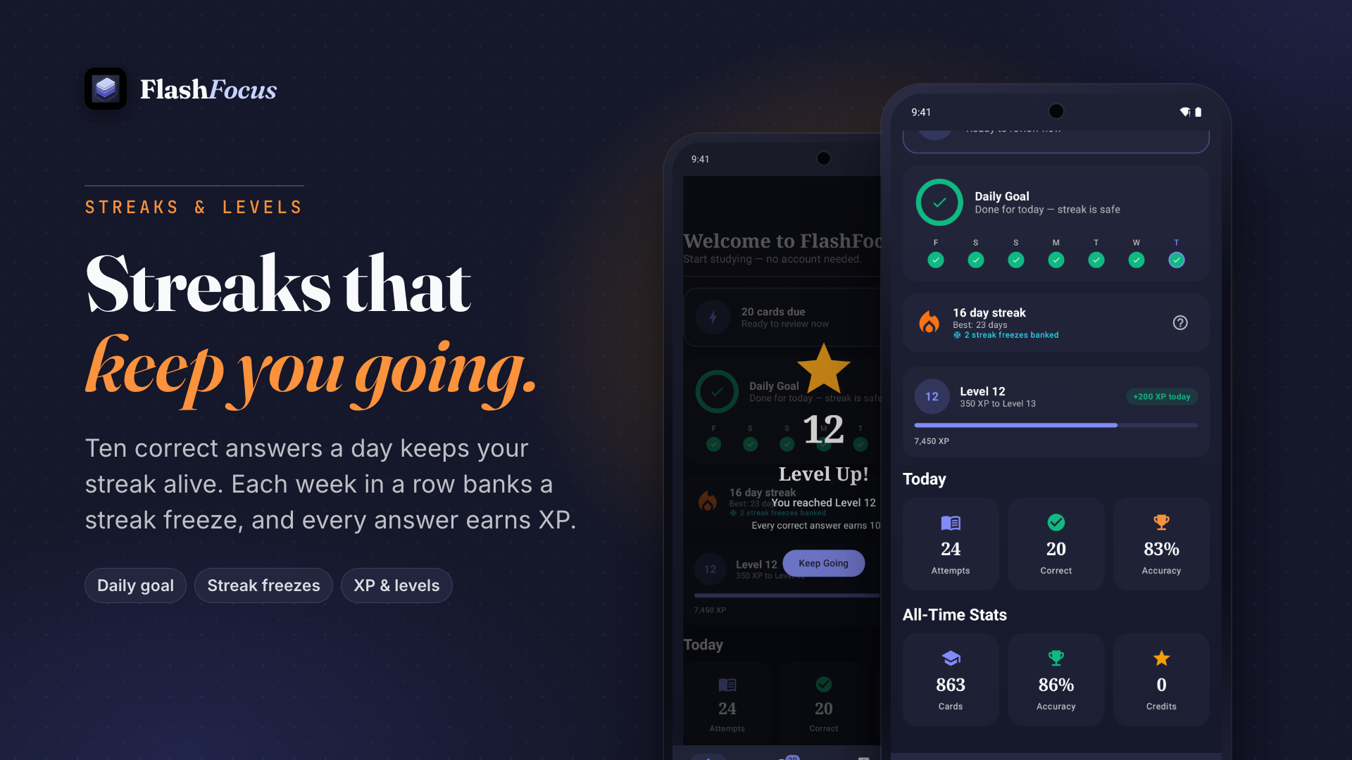 Streaks that keep you going: daily goal, streak freezes, XP and levels