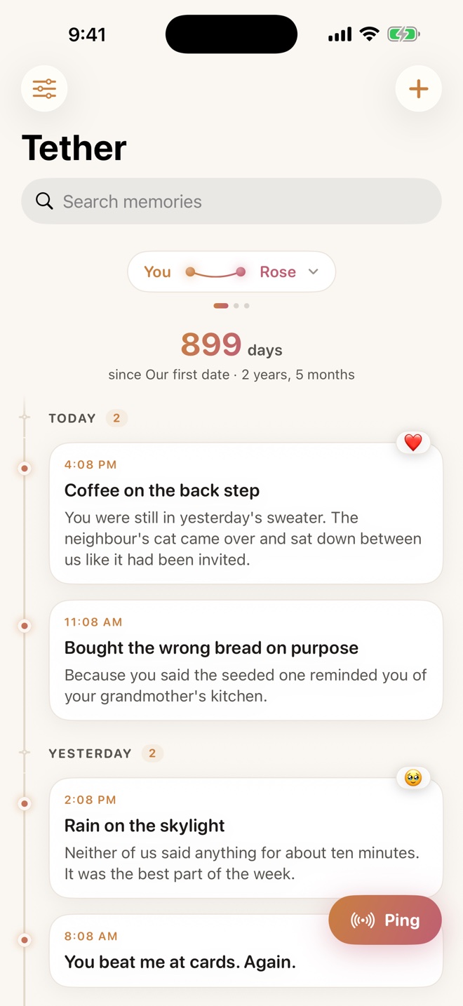 The Tether timeline with a day counter and memories.